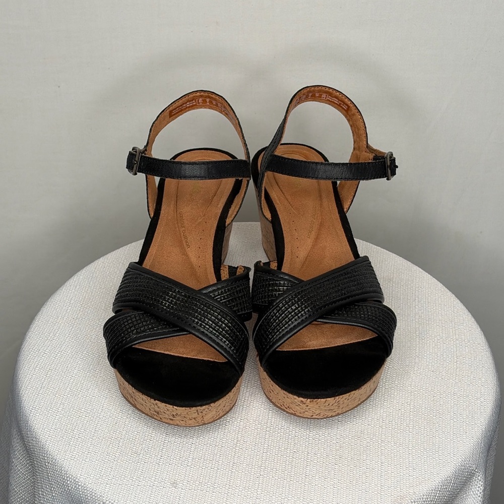 Clarks Black Leather Cork Wedge Sandals women’s Size 8 New(B83)”✨